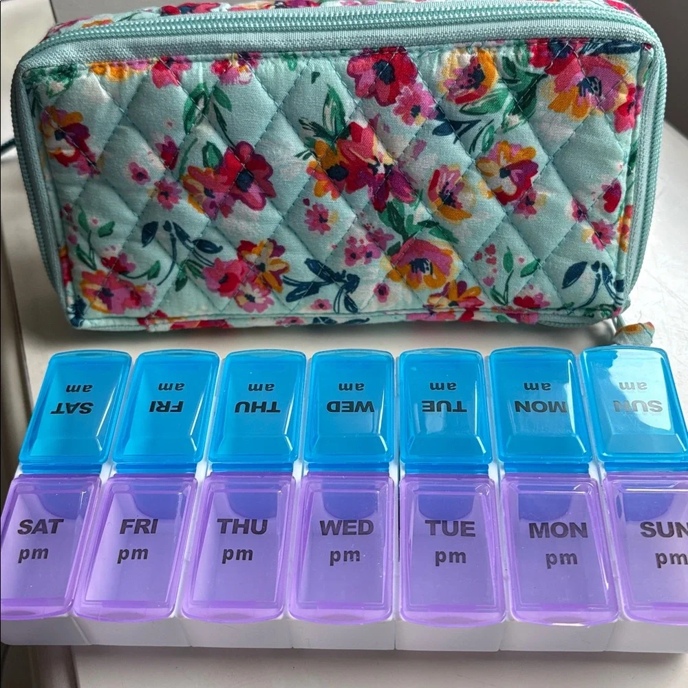 7-Day Weekly AM/PM Pill Organizer in Watercolor Quilted Zipper Case